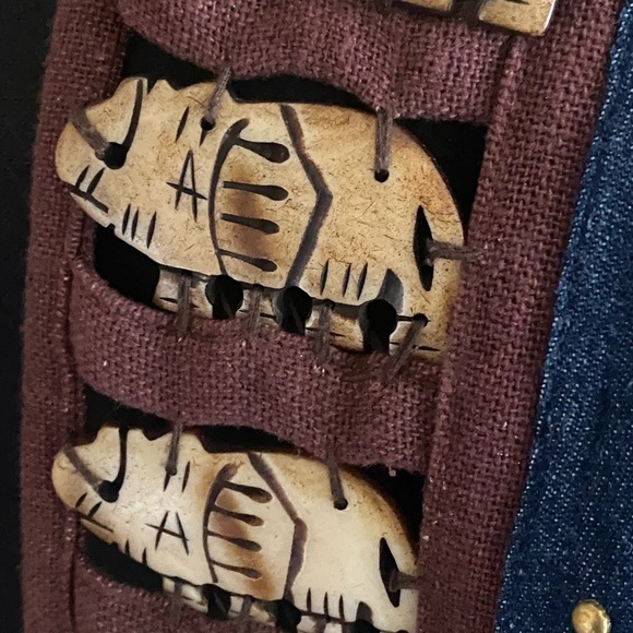 Vintage Denim Maxi Coat w/Wooden Elephant Bone Inserts Blue Jean Women’s Large - Picture 14 of 16